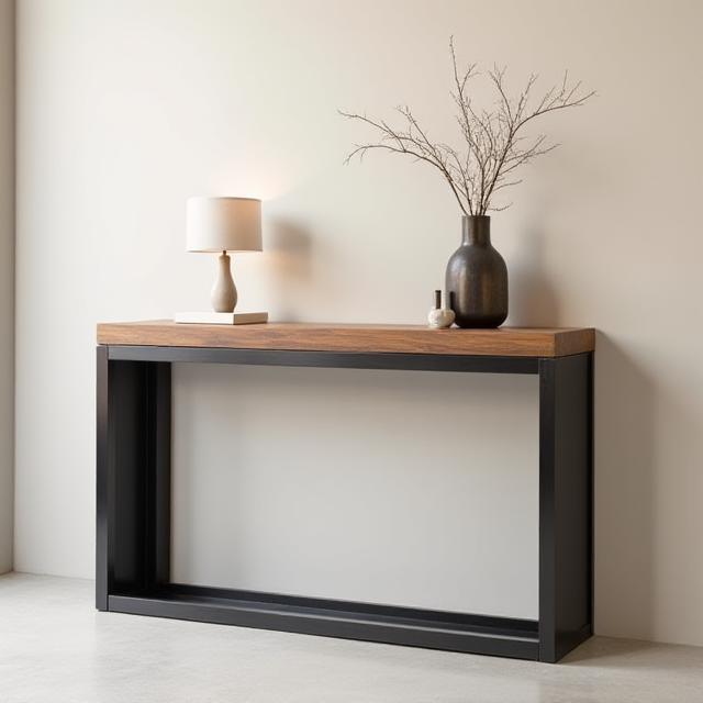 A sleek, modern metal console table with a wooden top.